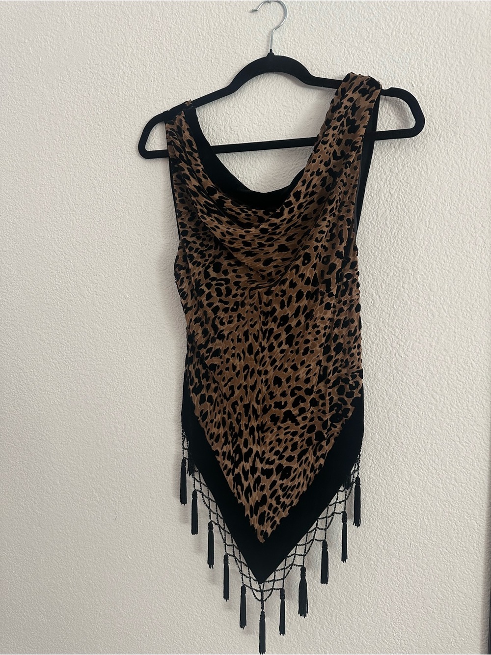 Y2K Vintage Crush Velvet Leopard Print Fringe Tank Top - Brown/Black XS/S